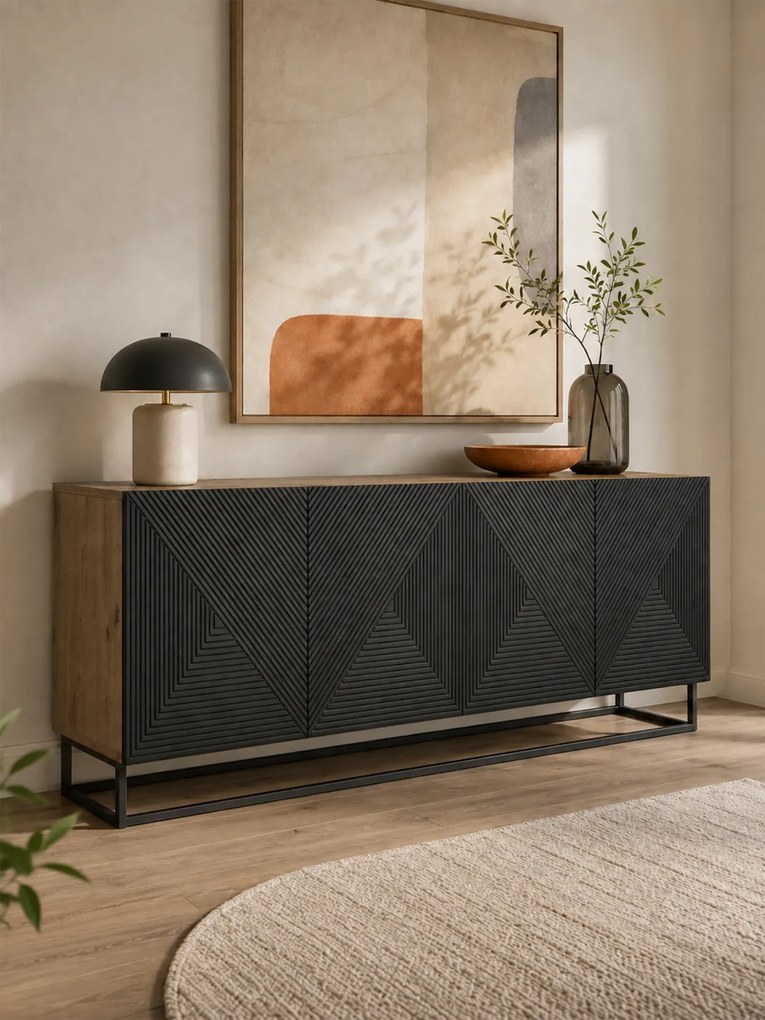Komoda Asha 200 cm czterodrzwiowa - artisan / czarny mat / czarny stelaż