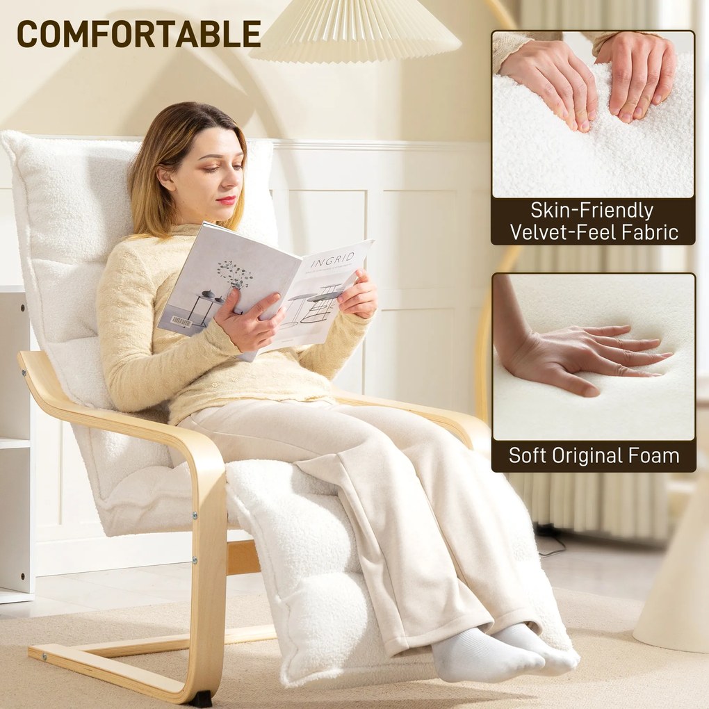 HOMCOM Fotel Lounge z brzozy, tapicerowany, regulowany podnóżek, Biały