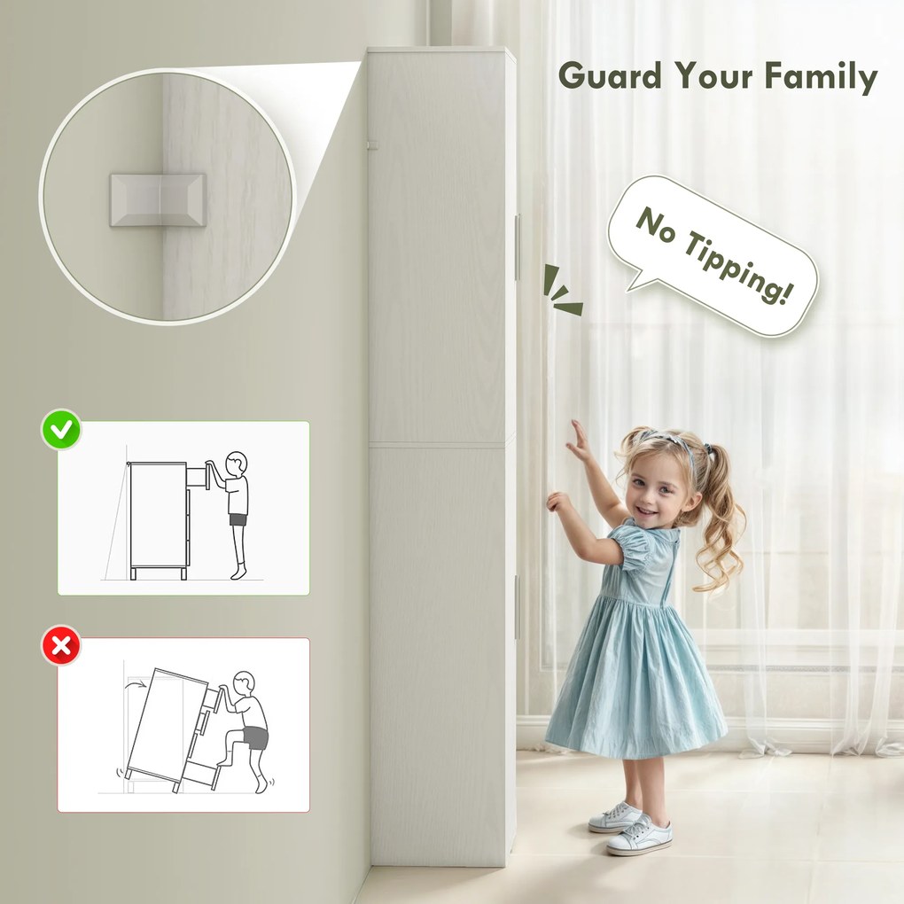 HOMCOM Wysoka szafka łazienkowa 180 cm wąska biała z 2 drzwiami i 4 regulowanymi półkami | Aosom PL