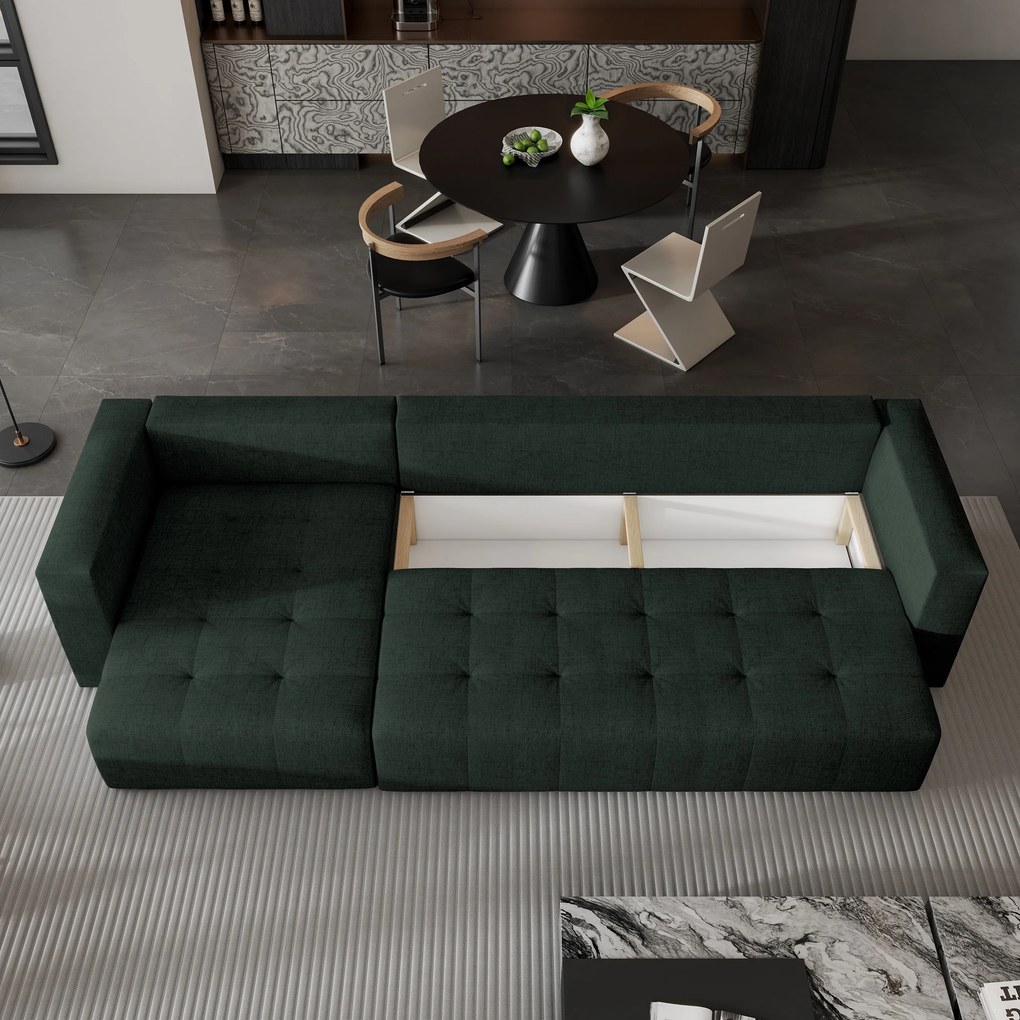 Masseno Narożnik OLVERA z funkcją spania i pojemnikiem na pościel Narozniki L, Rozkładana sofa - Zielony, NEVE 37