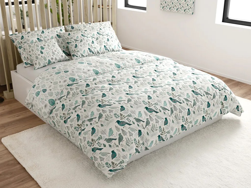 PrzytulneMieszkanie.pl PrzytulneMieszkanie.pl Bawełniana pościel LEAFBIRD POLY biało-zielona Rozmiar pościeli: 2 szt 70 x 90 cm | 200 x 220 cm
