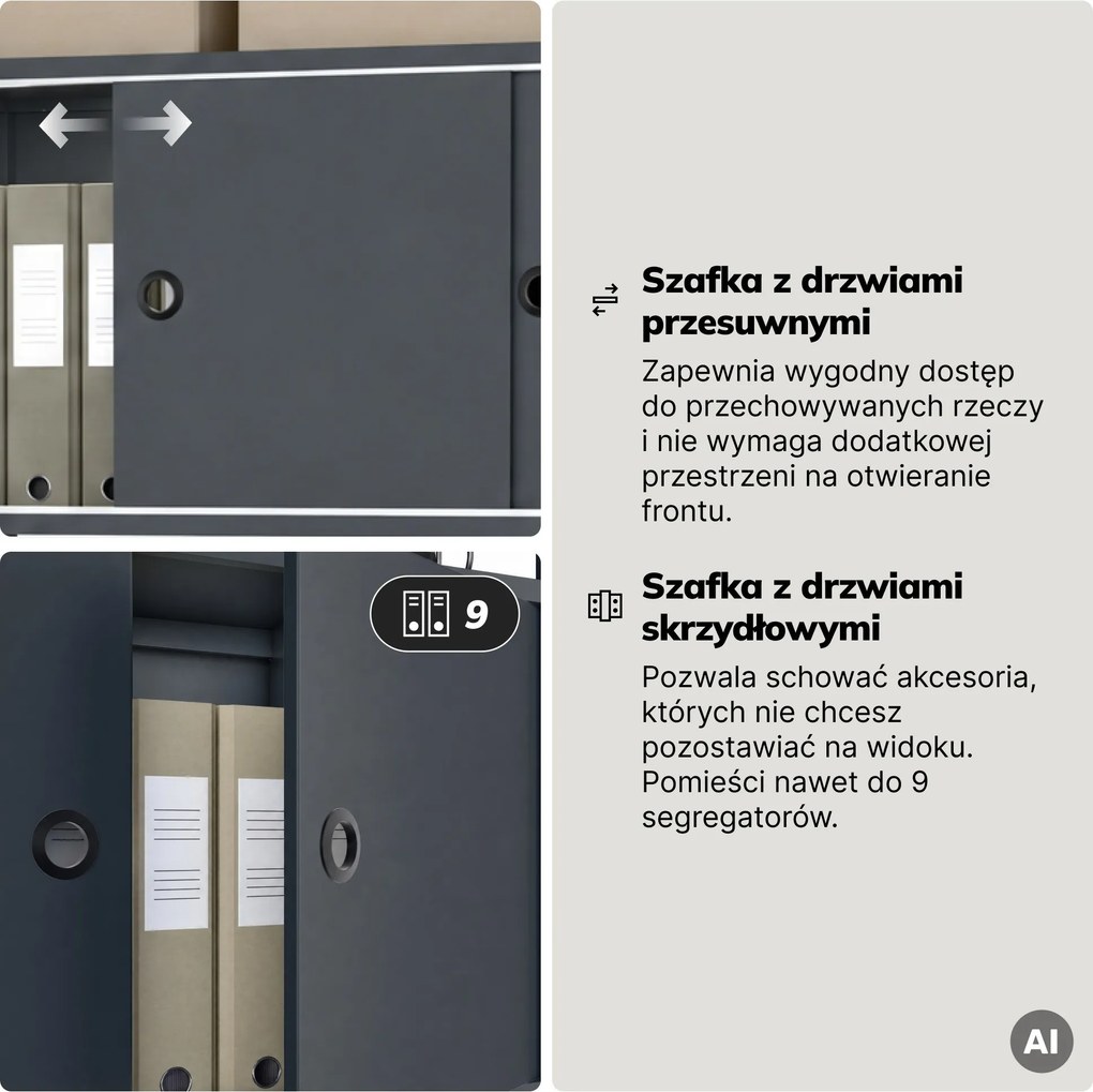 Regał na segregatory z szafką zamykaną, biurowy, otwarte półki, metalowy antracytowy, 800x2200x400 mm: ARIEL