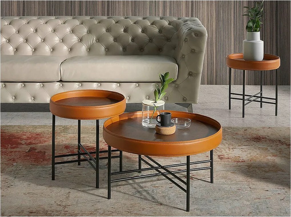 Okrągły stolik kawowy ze skóry ekologicznej, orzecha włoskiego i czarnej stali 2058 ANGEL CERDA