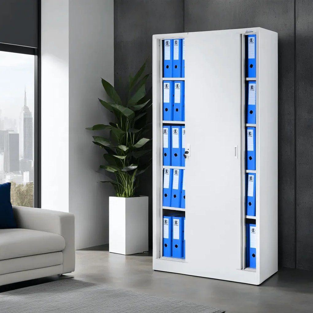 Biurowa szafa metalowa z drzwiami przesuwnymi KUBA, 900 x 1850 x 400 mm, szara