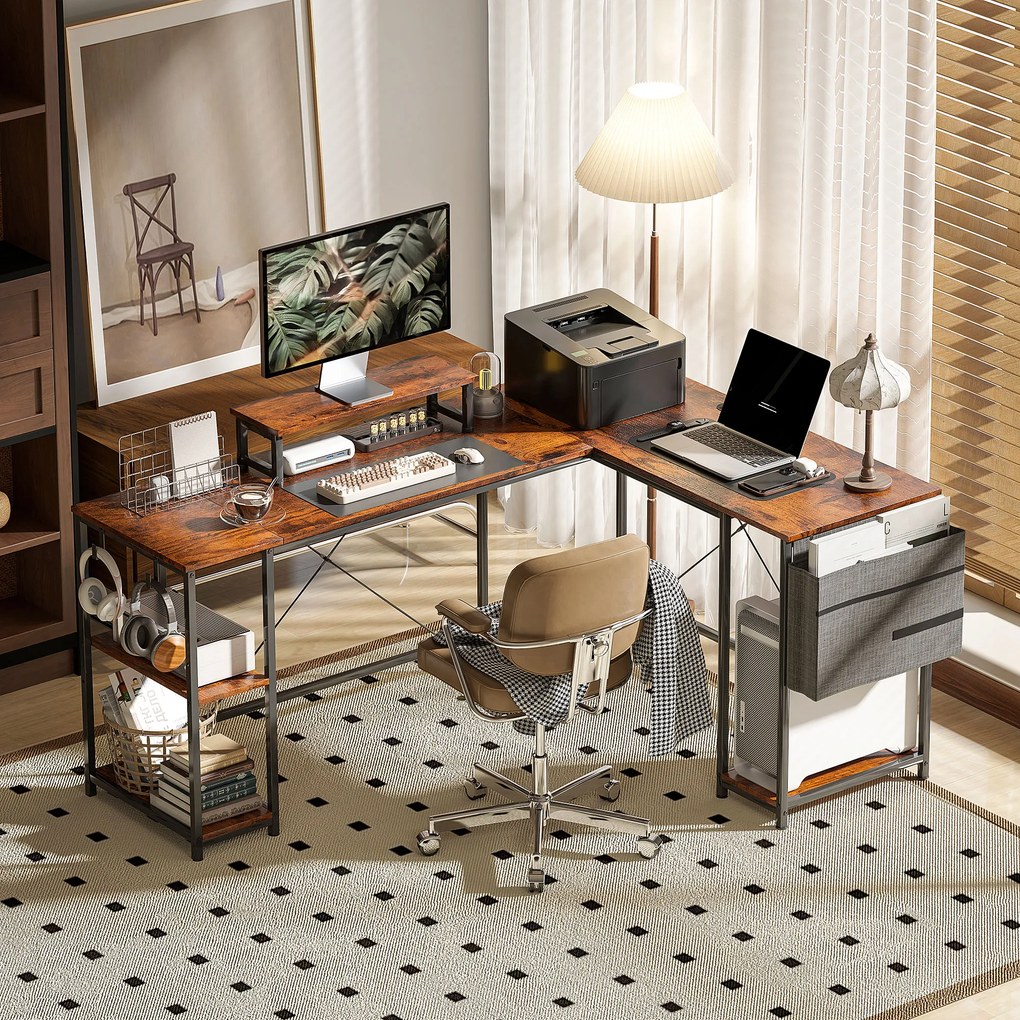 HOMCOM Biurko narożne w kształcie L z półkami regulowanymi i torbą do przechowywania brązowe | Aosom PL