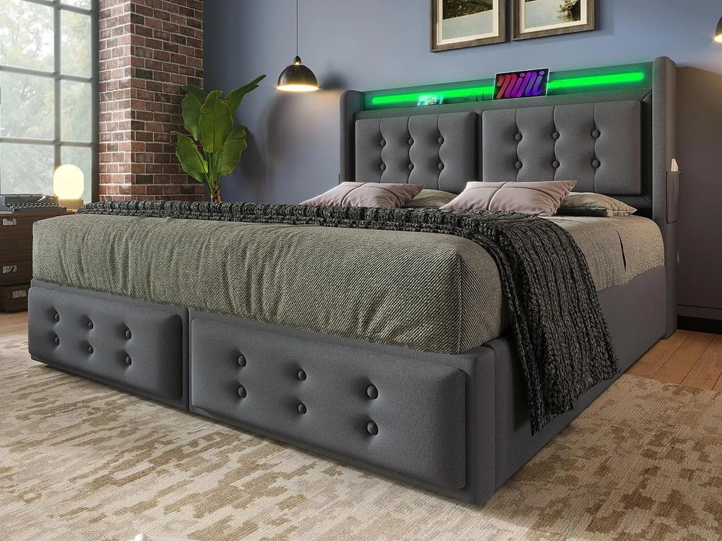 Łóżko z pojemnikiem 140x200cm z tkaniny lnianej - z LED i portami do ładowania - Szare