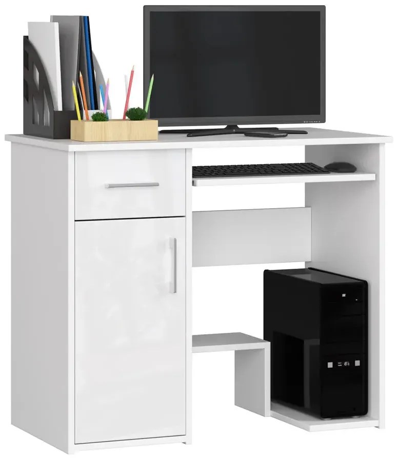 Białe biurko z szufladą pod komputer w połysku E0-E08