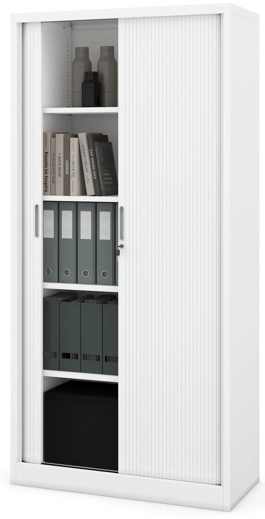 Metalowa szafa biurowa na akta z roletą DAMIAN, 900 x 1850 x 450 mm, biała