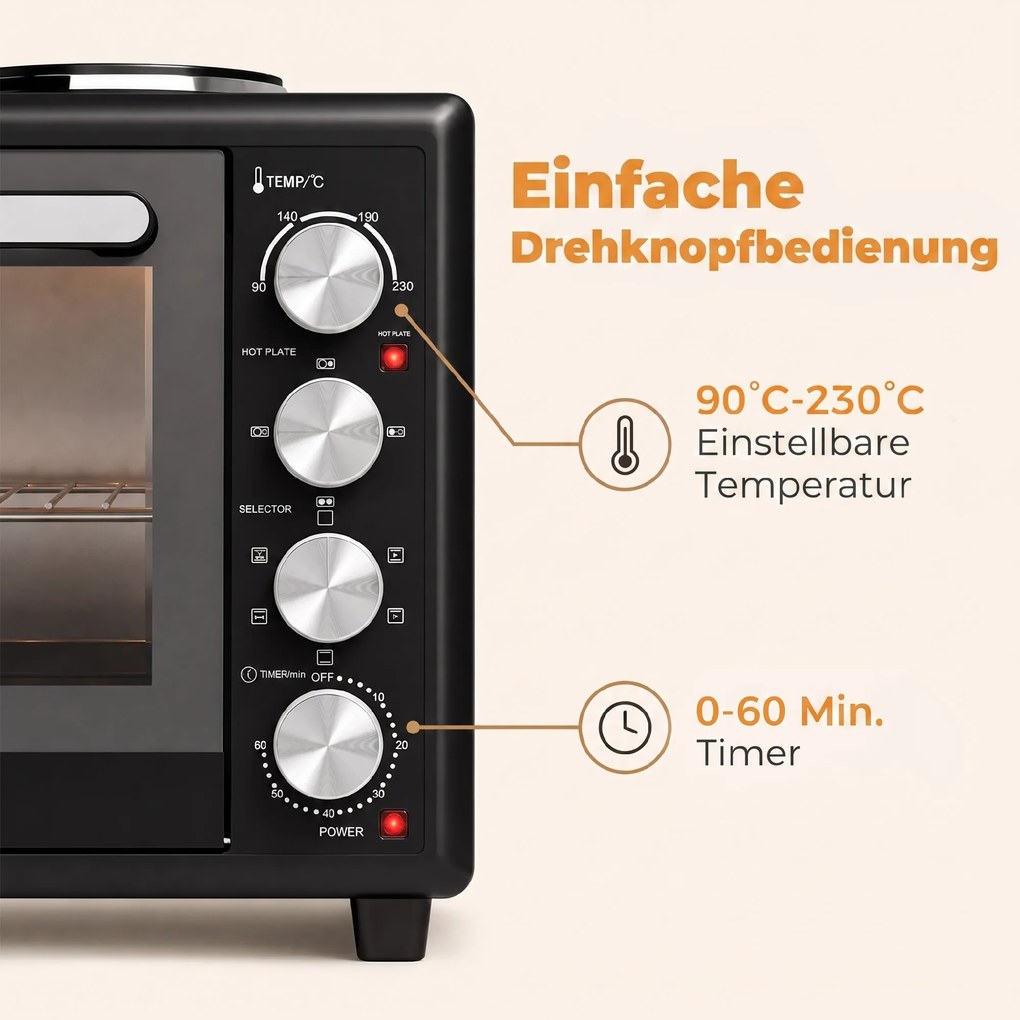 HOMCOM 36 l mini piekarnik z 2 płytami grzewczymi, elektryczny piekarnik stołowy z termoobiegiem, 90–230 °C | Aosom PL