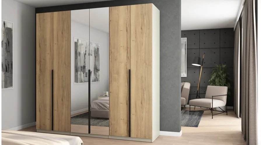 Szafa 6 drzwiowa z lustrem otwierana 240 x 240 cm – Kaszmirowy Beż / Dąb Halifax z czarnymi uchwytami