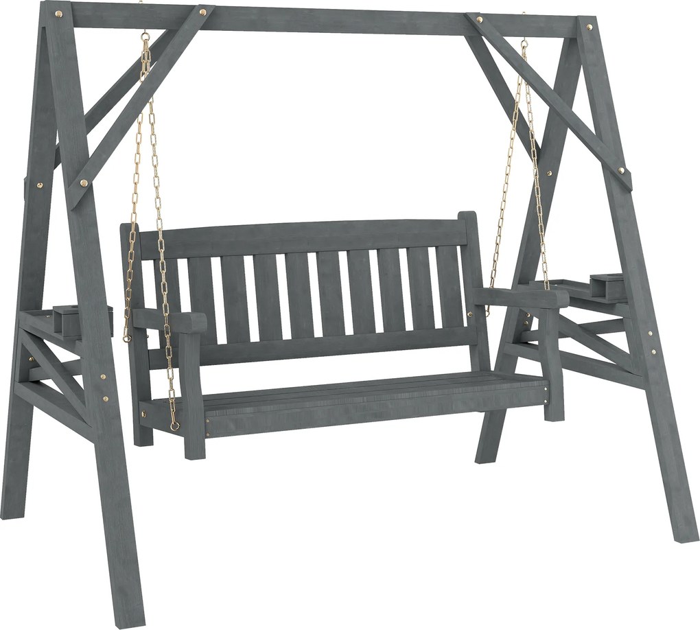 Outsunny 2-osobowa huśtawka ogrodowa z drewna, ławka bujana z półkami, uchwytami na napoje i łańcuchami, szara | Aosom PL