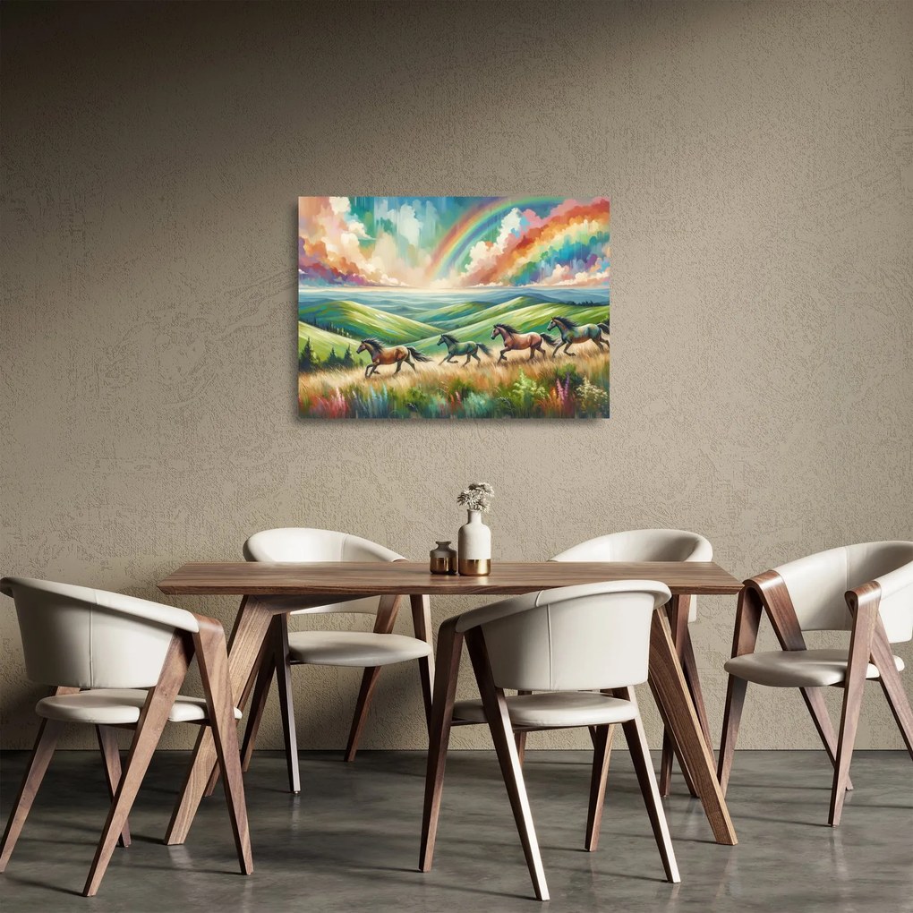Obraz na szkle – Konie galopujące przez krajobraz (70x50 cm)