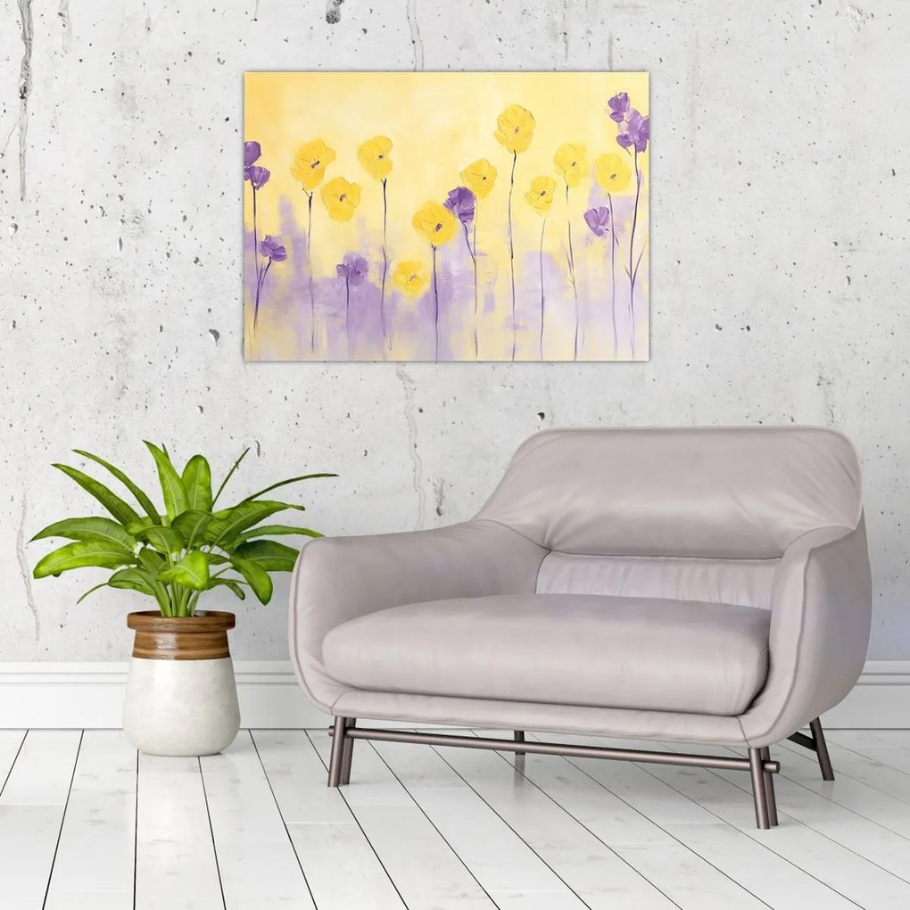 Obraz - Fioletowe i żółte kwiatuszki (70x50 cm)