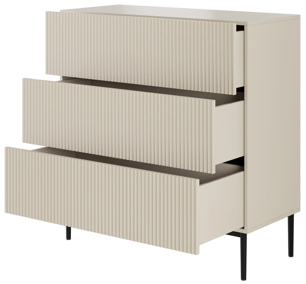 Komoda Nicole 100 cm z szufladami i ryflowanym frontem - kaszmir / czarne nóżki