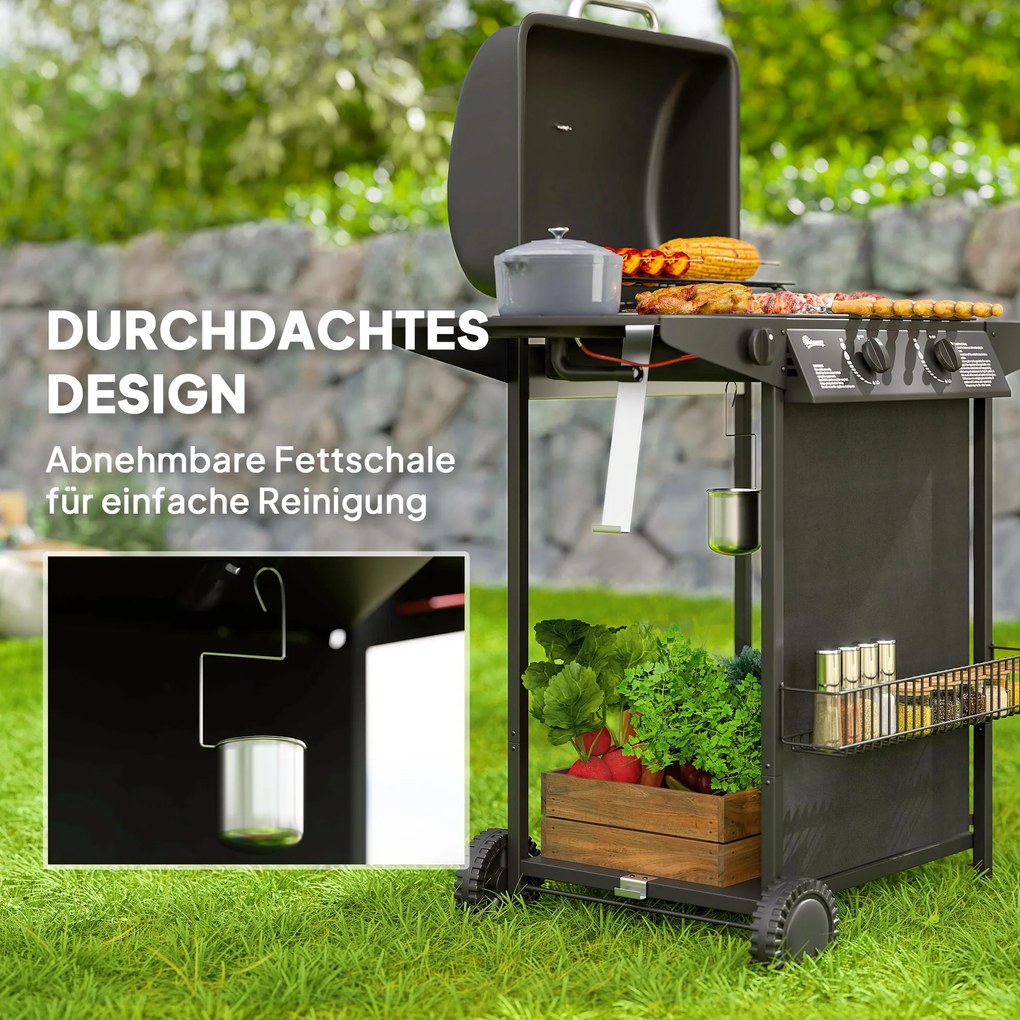 Outsunny Grill Gazowy 7 KW na Wózku z 3 Palnikami i Bocznym Gotowaniem, Pokrywa, 107 x 54 x 96 cm, Czarny