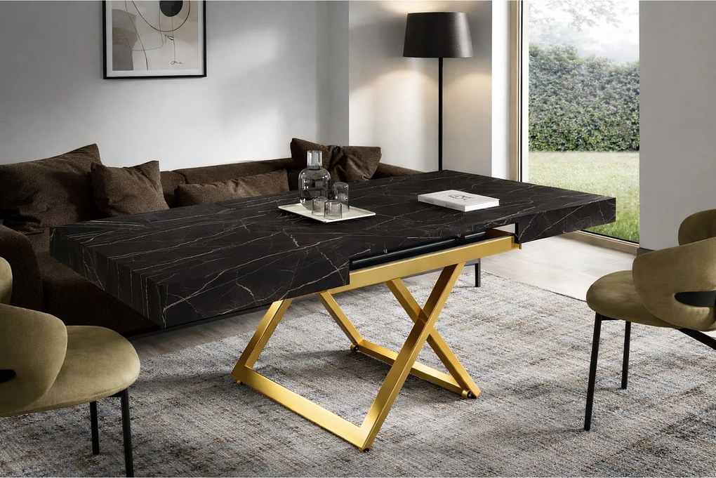 Ławostół 120 cm Ducale U - stół rozkładany do salonu 120-200 cm, regulowana wysokość, złoty stelaż - Black Pietra Grigia