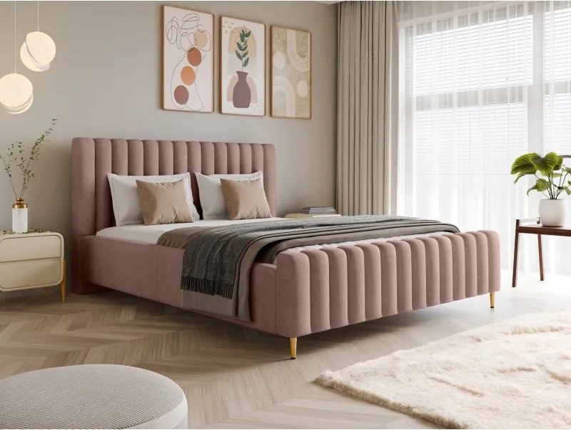 Łóżko LUX tapicerowane z pojemnikiem i zagłówkiem w tkaninie AMON 21 kolor PUDROWY RÓŻ DOMOHOME