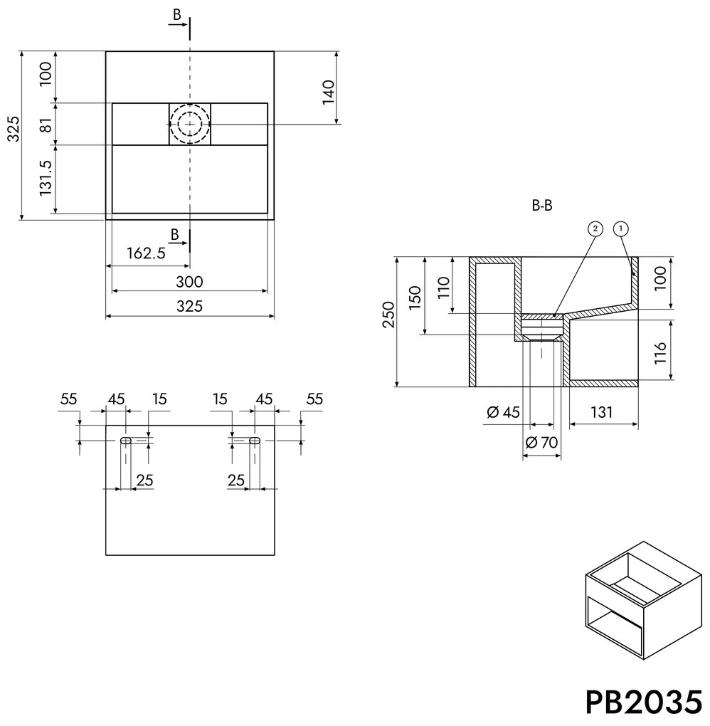 Umywalka ścienna PB2035 z odlewu mineralnegoBiały mat - 32,5 x 32,5 x 25 cm