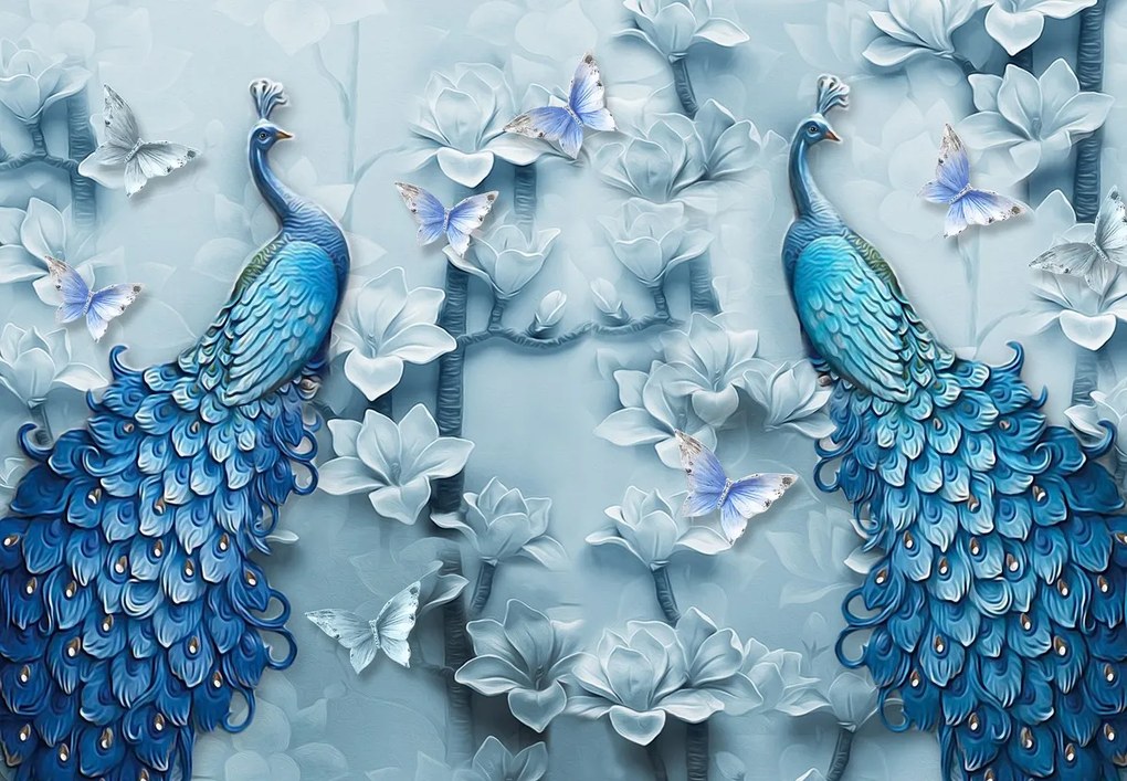 Fototapeta - Niebieskie pawie 3D (196x136 cm)