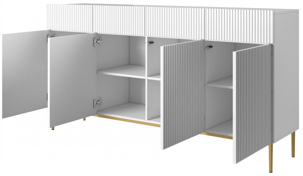 Komoda czterodrzwiowa Nicole 200 cm z szufladami z ryflowanym frontem - biały mat / złote nóżki