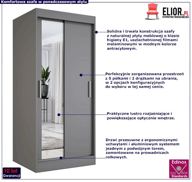 Antracytowa szafa przesuwna z lustrem T6-B34