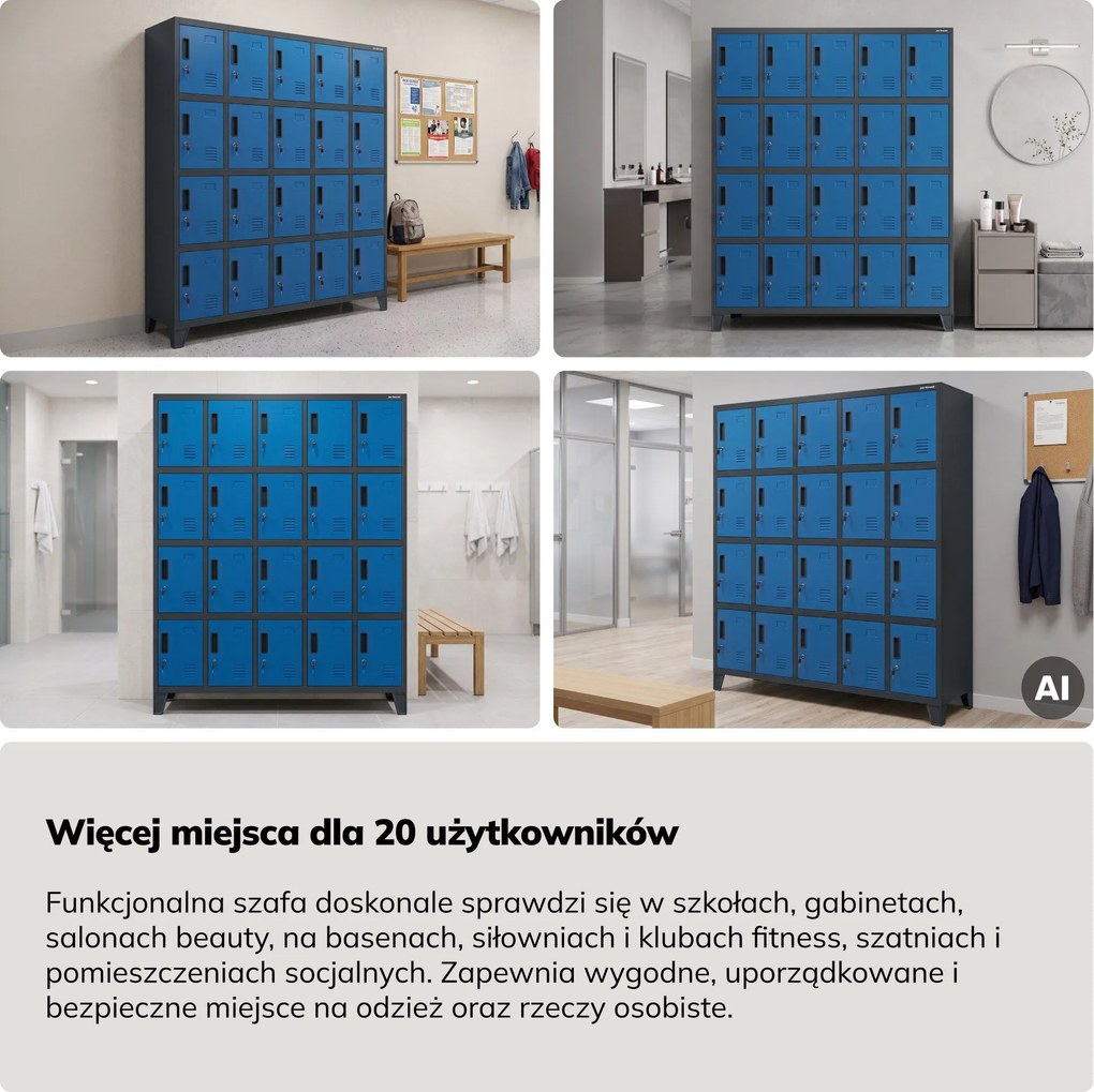 Szafa skrytkowa socjalna 20-skrytkowa na nóżkach antracytowo-niebieska, 1360x1720x450 mm: ROBERT