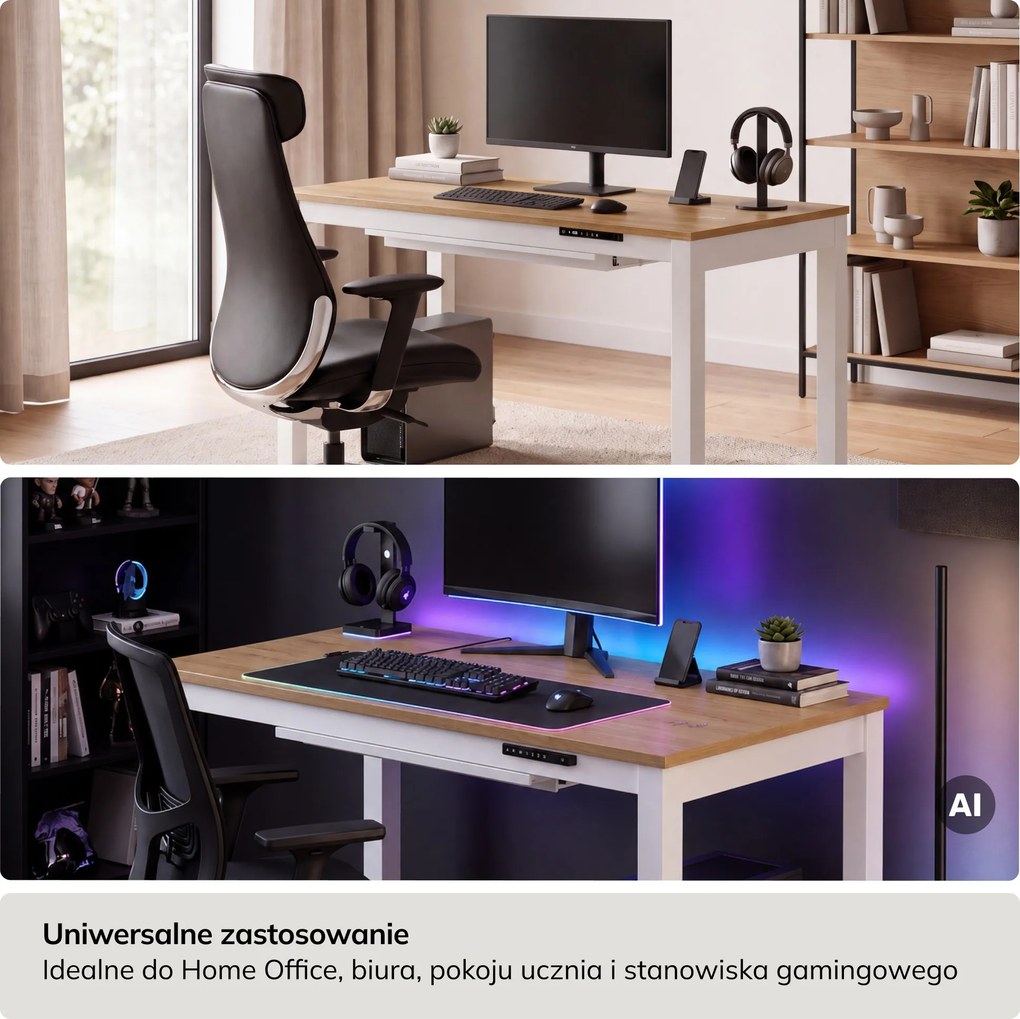 Biurko regulowane elektrycznie podnoszone białe/złoty dąb, 120x63 cm: EVAN