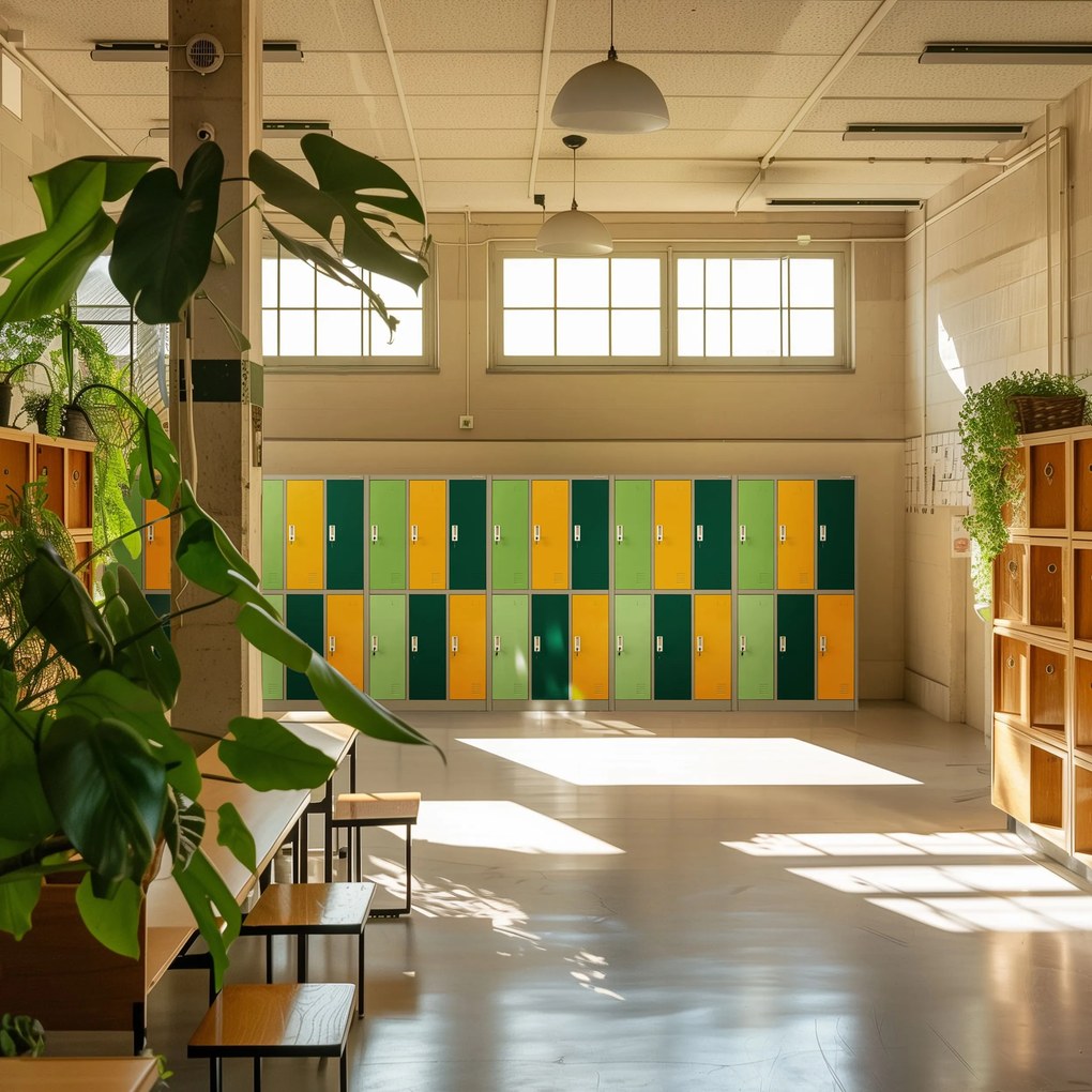 Szafka szkolna BHP szaro-wielokolorowa: 6-komorowa IGOREK, 900 x 1500 x 450 mm