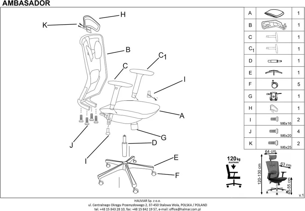 Regulowany fotel biurowy Ambasador, zgodny z normą BHP