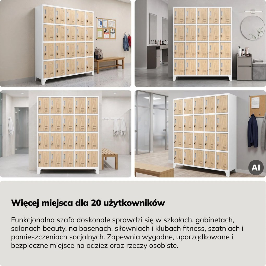Szafa skrytkowa socjalna 20-skrytkowa na nóżkach biała/dąb sonoma, 1360x1720x450 mm: ROBERT Eco Design
