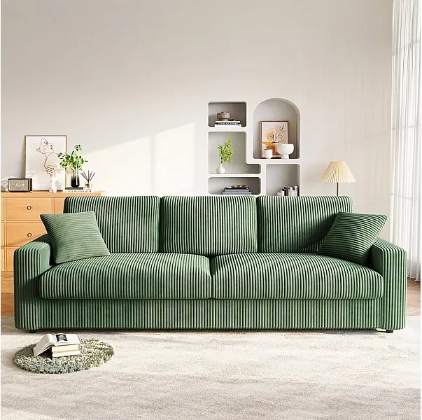 Duża sofa z welurem żebrowanym z 2 poduszkami - Zielona - 256 x 89 x 88 cm