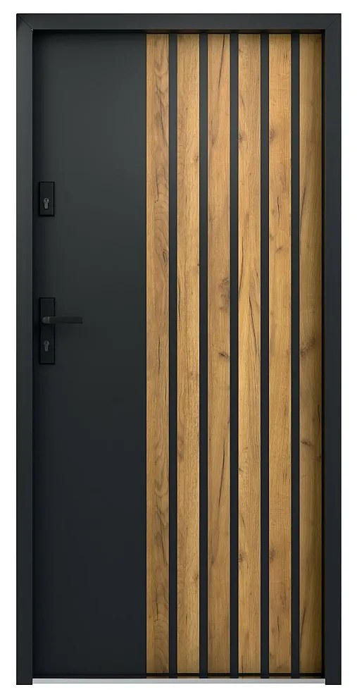 Drzwi zewnętrzne pełne ze stali wys. 207 x szer. 100 cm - Czarny i pasy imitujące drewno - lewe otwierane do wewnątrz - COBRITA