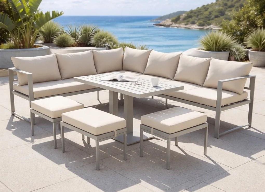 Narożnik ogrodowy Bellagio 003 z pufami i stołem, szary, poduszki beżowe