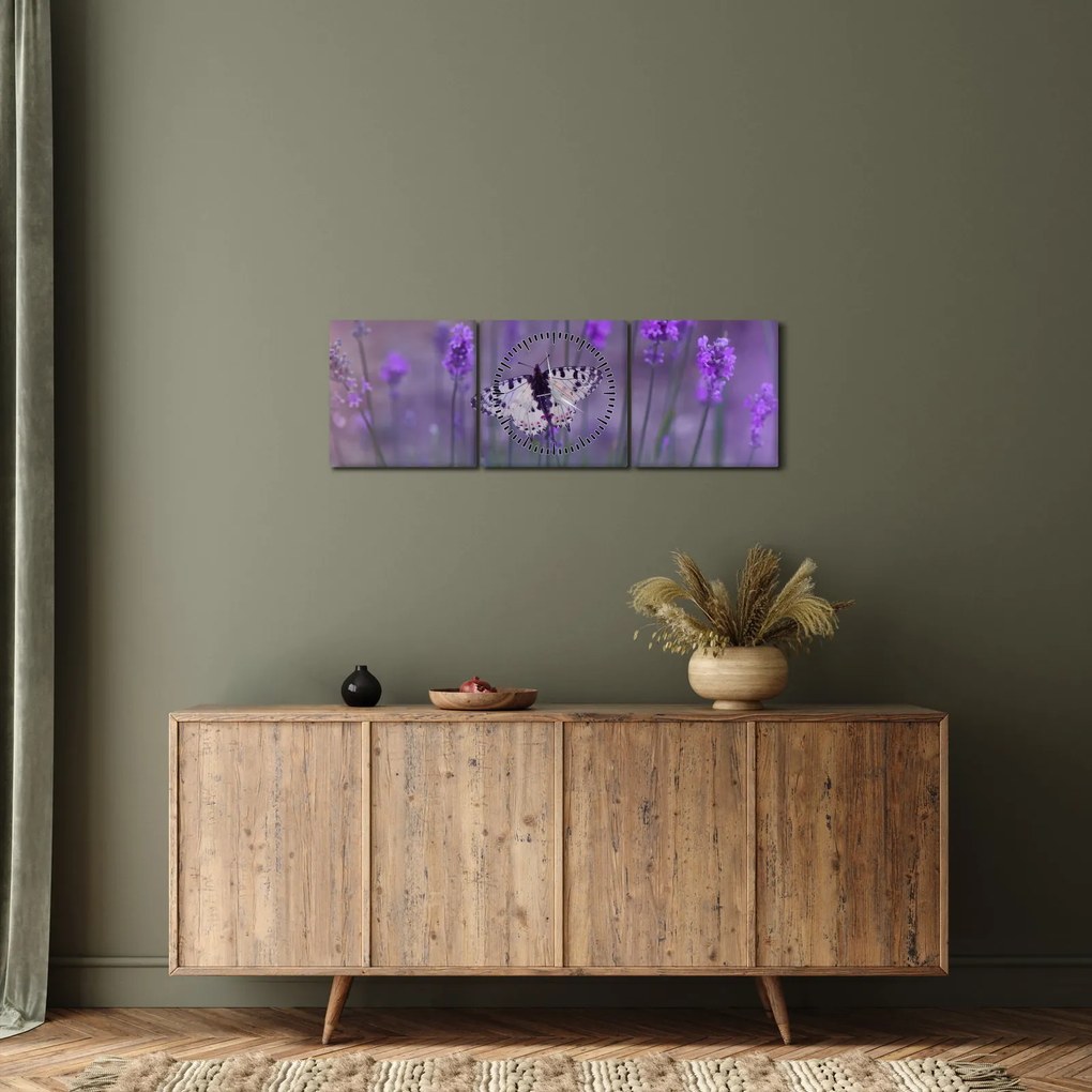 Obraz - Motyl w lawendach (z zegarem) (90x30 cm)