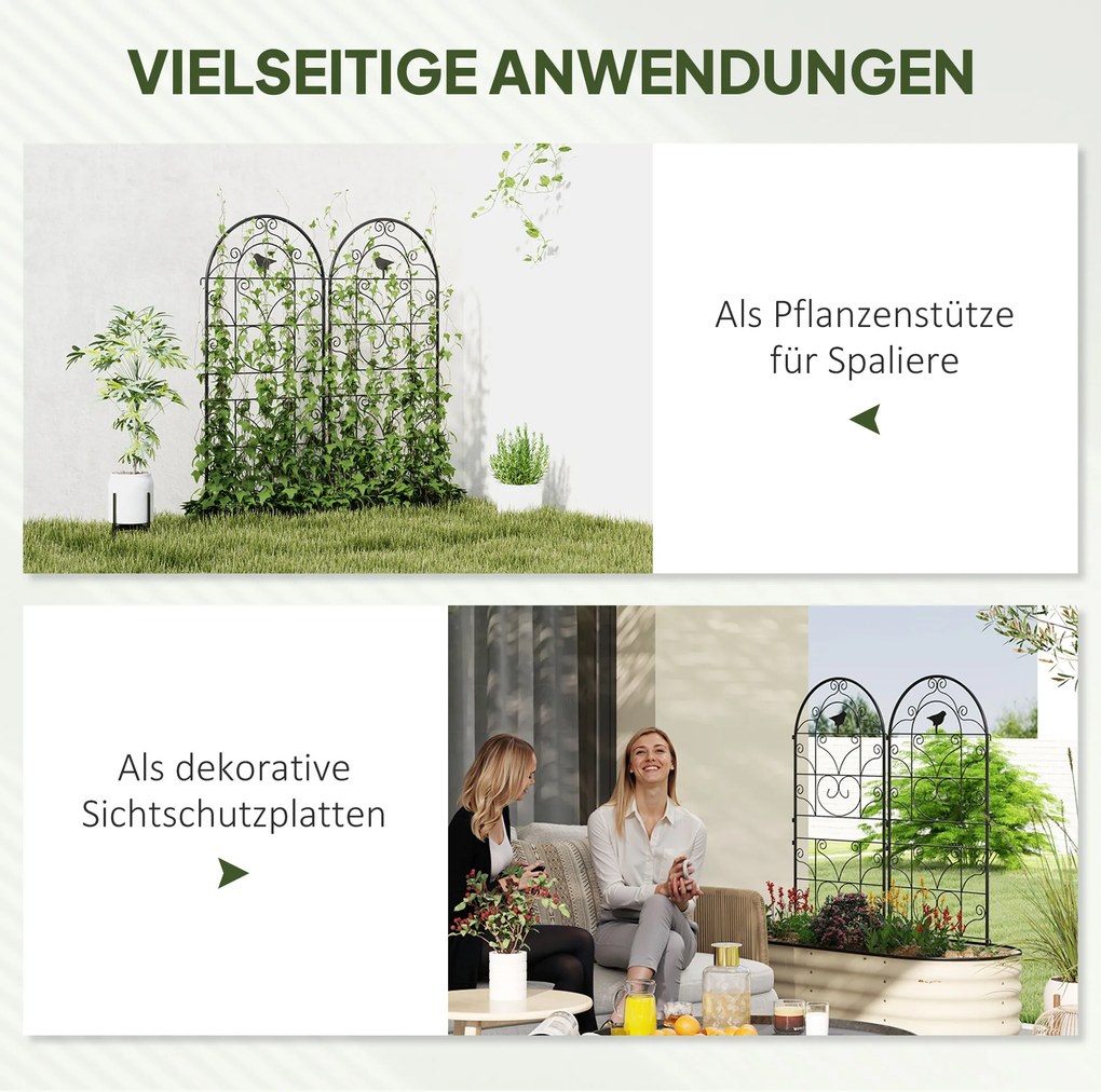 Metalowe Kratki na Róże 2 szt. Outsunny Zestaw, Odporny na Rdzę, dla Roślin Pnących z Motywem Ptaków 50x120 cm, Czarny