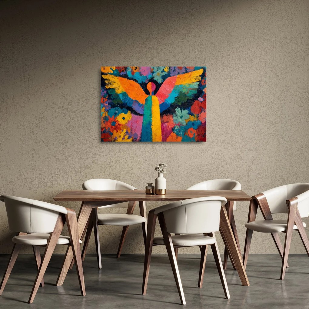 Obraz na szkle - Abstrakcyjny anioł z kwiatami (70x50 cm)