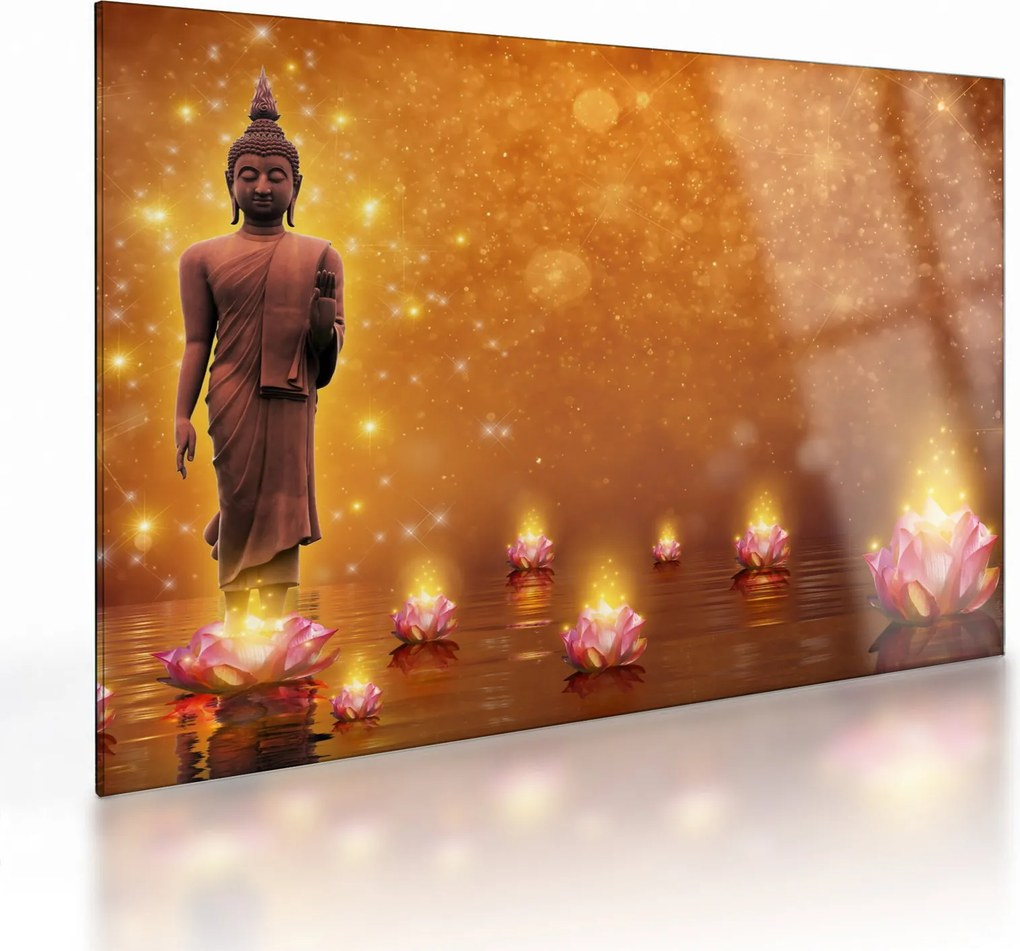 Obraz na szkle - Budda w złotym blasku (70x50 cm)