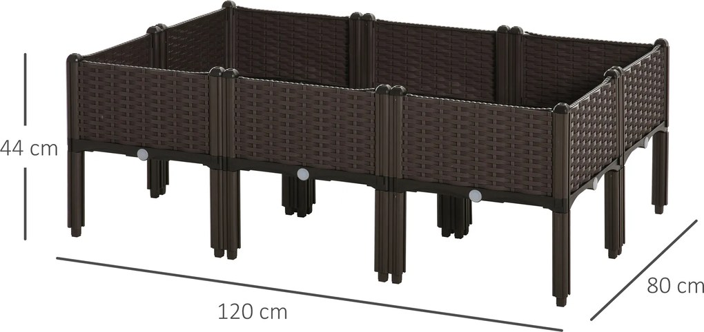 Outsunny podwyższona grządka 6-częściowa skrzynia na rośliny z otworami odpływowymi o wyglądzie rattanu kwietnik DIY kolor brązowy 40 x 40 x 44 cm