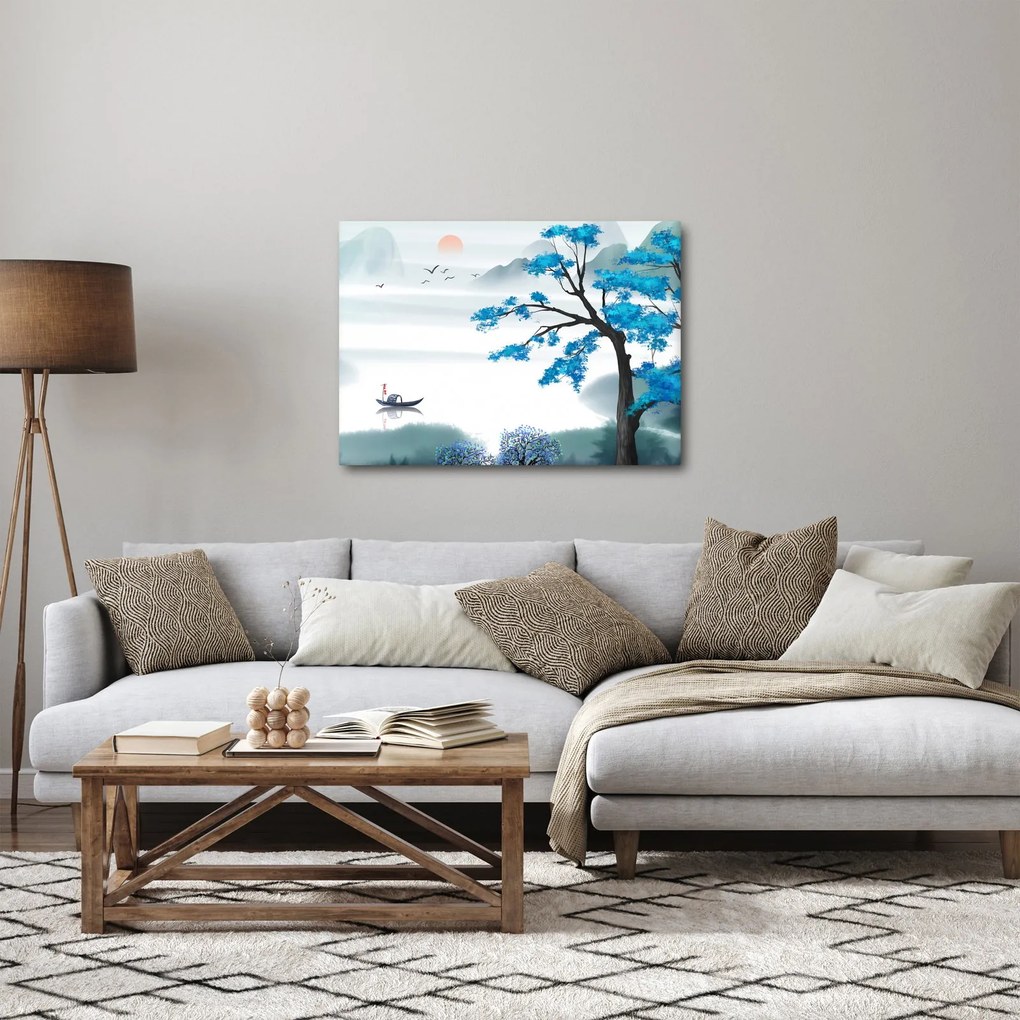 Obraz - Malowane jezioro z łódką (70x50 cm)