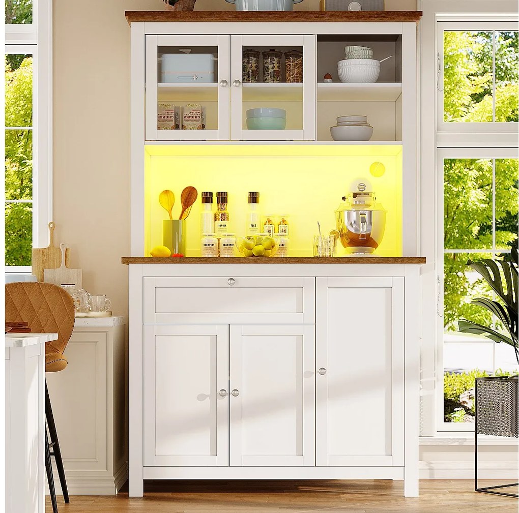 Wysoka szafka kuchenna - 104 x 40 x 180 cm - z regulowanymi półkami + LED + 5 drzwi + 1 szuflada - Metal + MDF - biała