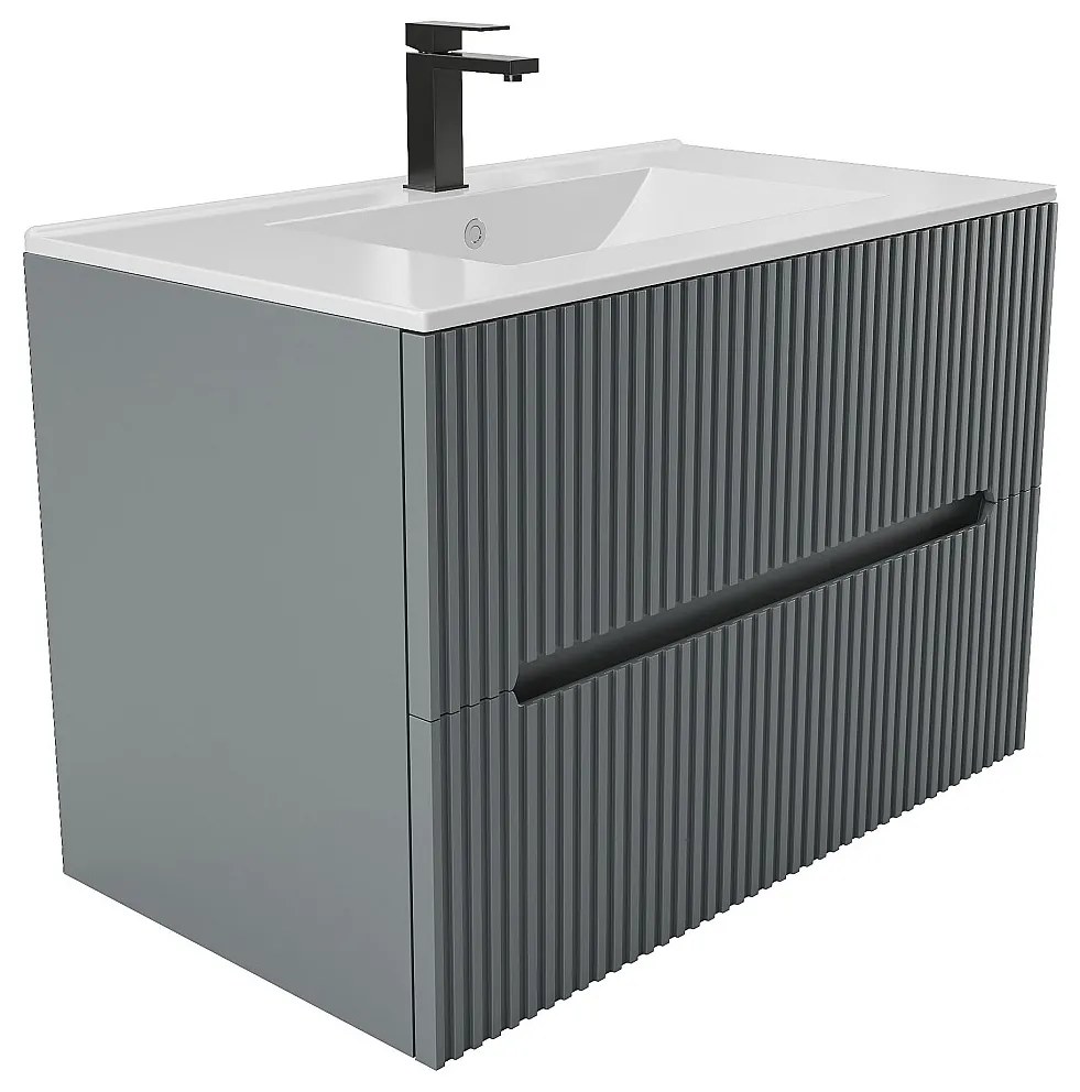 Podwieszana szafka łazienkowa w prążki z umywalką do zabudowy i baterią - Szary - 80 cm - PAVANI