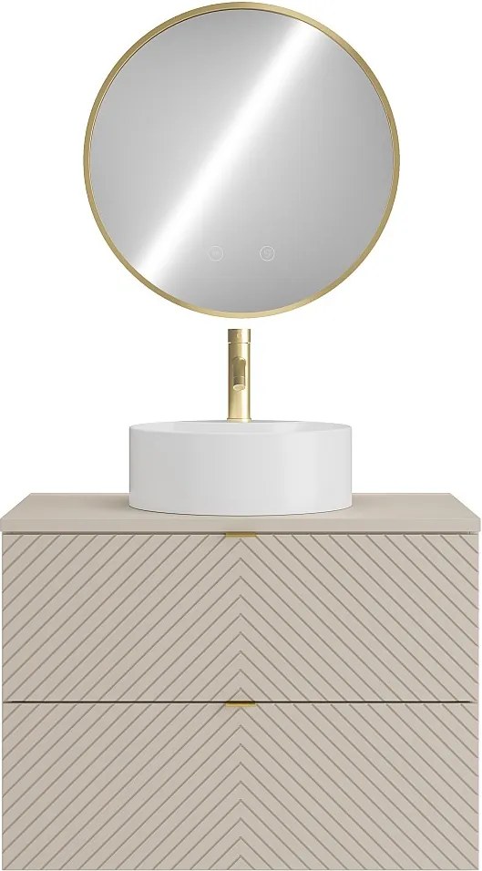 Szafka łazienkowa wisząca z okrągłą umywalką nablatową, baterią i lustrem – beż – 80 cm – DORIONI