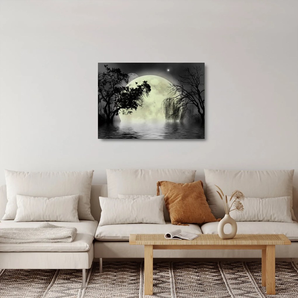 Obraz na szkle - Księżyc w pełni nad powierzchnią, wersja czarno - biała (70x50 cm)