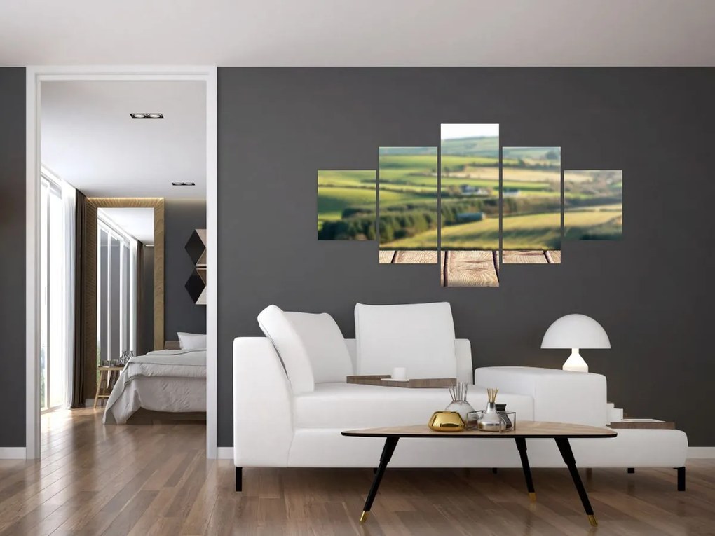 Obraz - Drewniana półka z krajobrazem (125x70 cm)