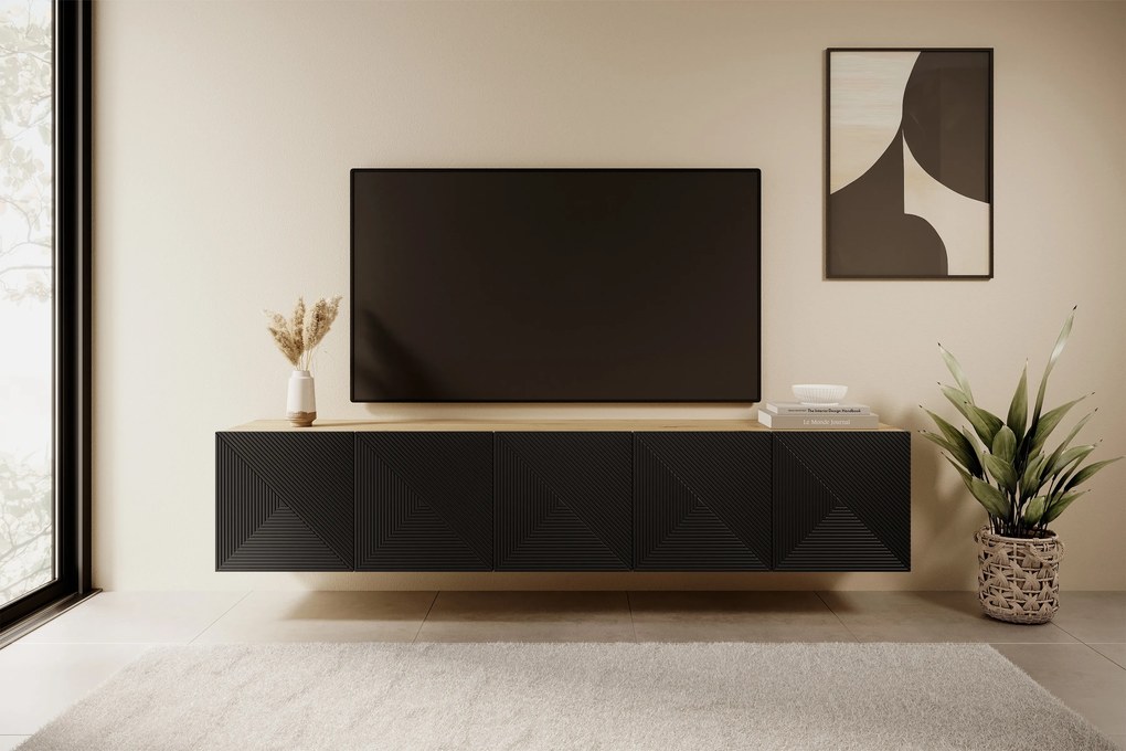 Szafka RTV wisząca Asha 200 cm z ryflowanym frontem - artisan / czarny mat
