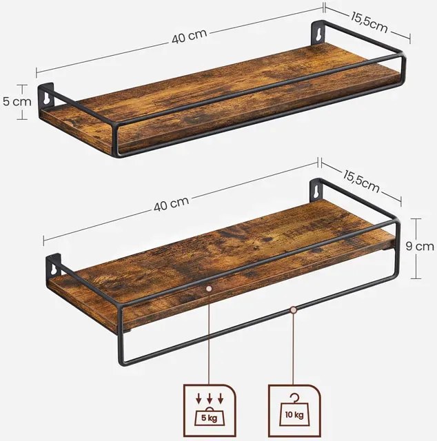 Komplet 2 industrialnych półek ściennych rustykalny brąz - Kisi