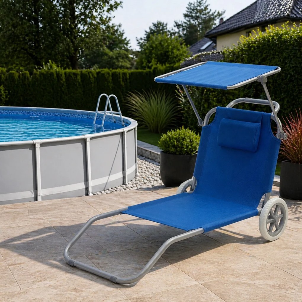 Leżak plażowy Solmare z daszkiem i kołami - składany leżak ogrodowy, niebieski