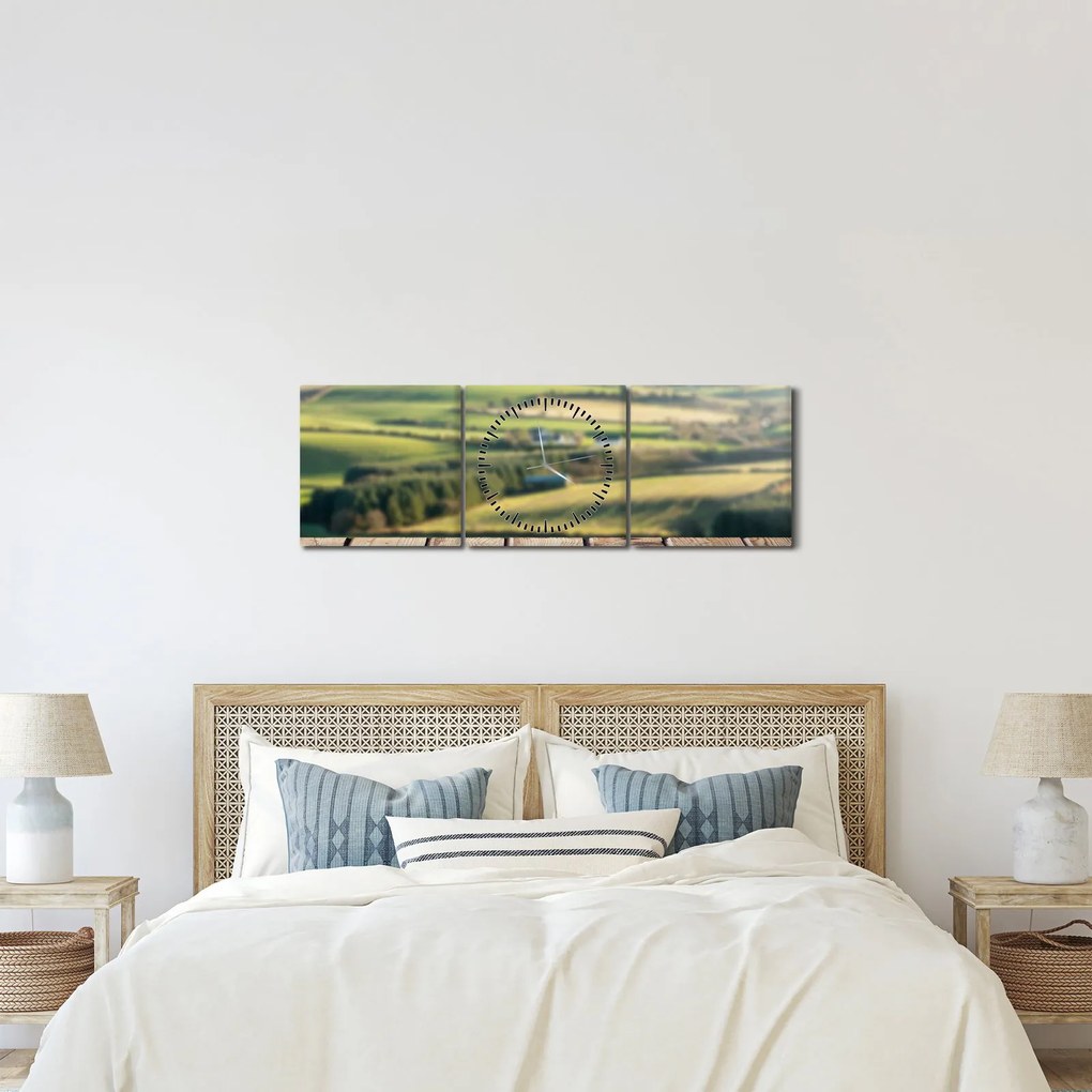Obraz - Drewniana półka z krajobrazem (z zegarem) (90x30 cm)