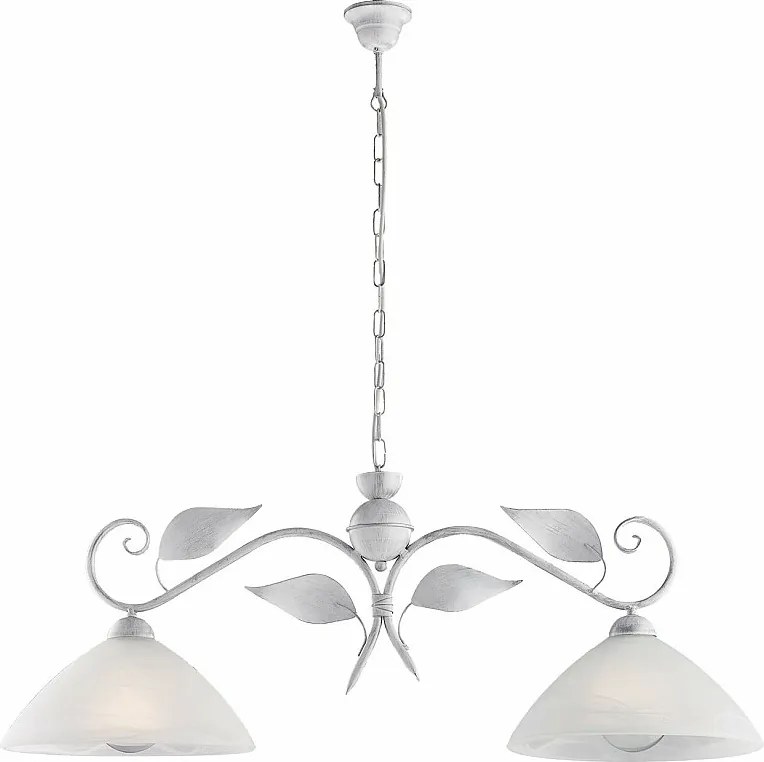 Żyrandol z białego lakierowanego żelaza, zdobienie antyczne srebro, klosze alabastrowe Ø30 cm, 2 światła, 96x30 cm