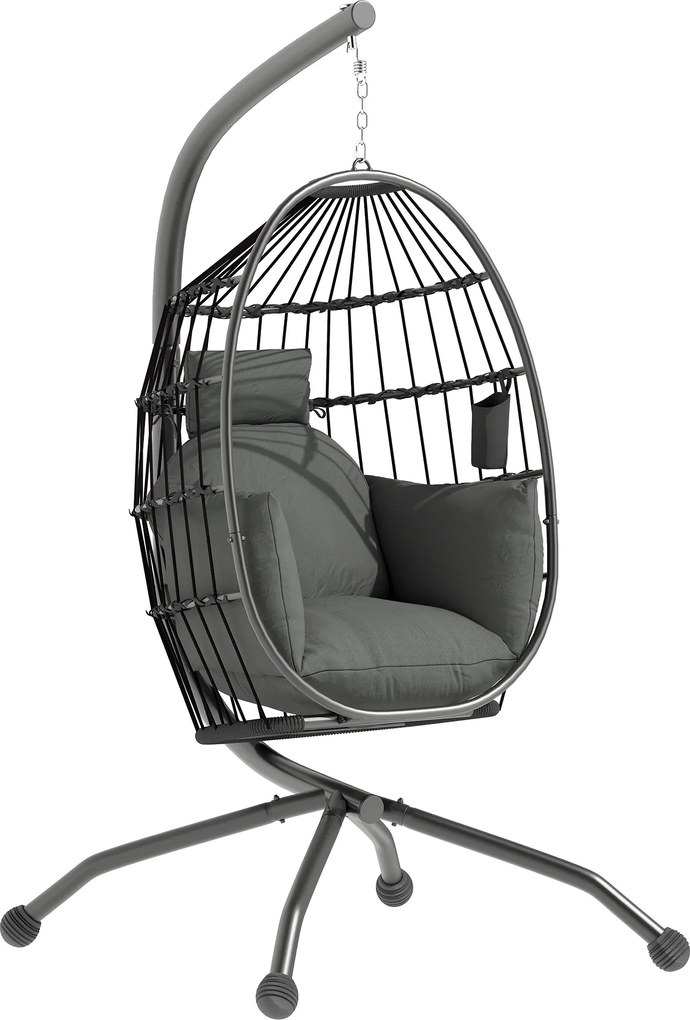 Outsunny Zewnętrzny Fotel Wiszący z Składanym Siedziskiem i Grubymi Poduszkami, Stojak, Zagłówek, Uchwyt na Kubek, Czarny